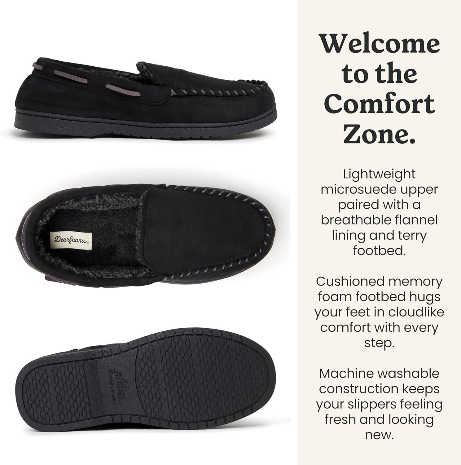 imageDearfoams Mens Keaton Memory Foam Indoor Outdoor Moccasin With Wide Widths SlipperBlack Microsuede