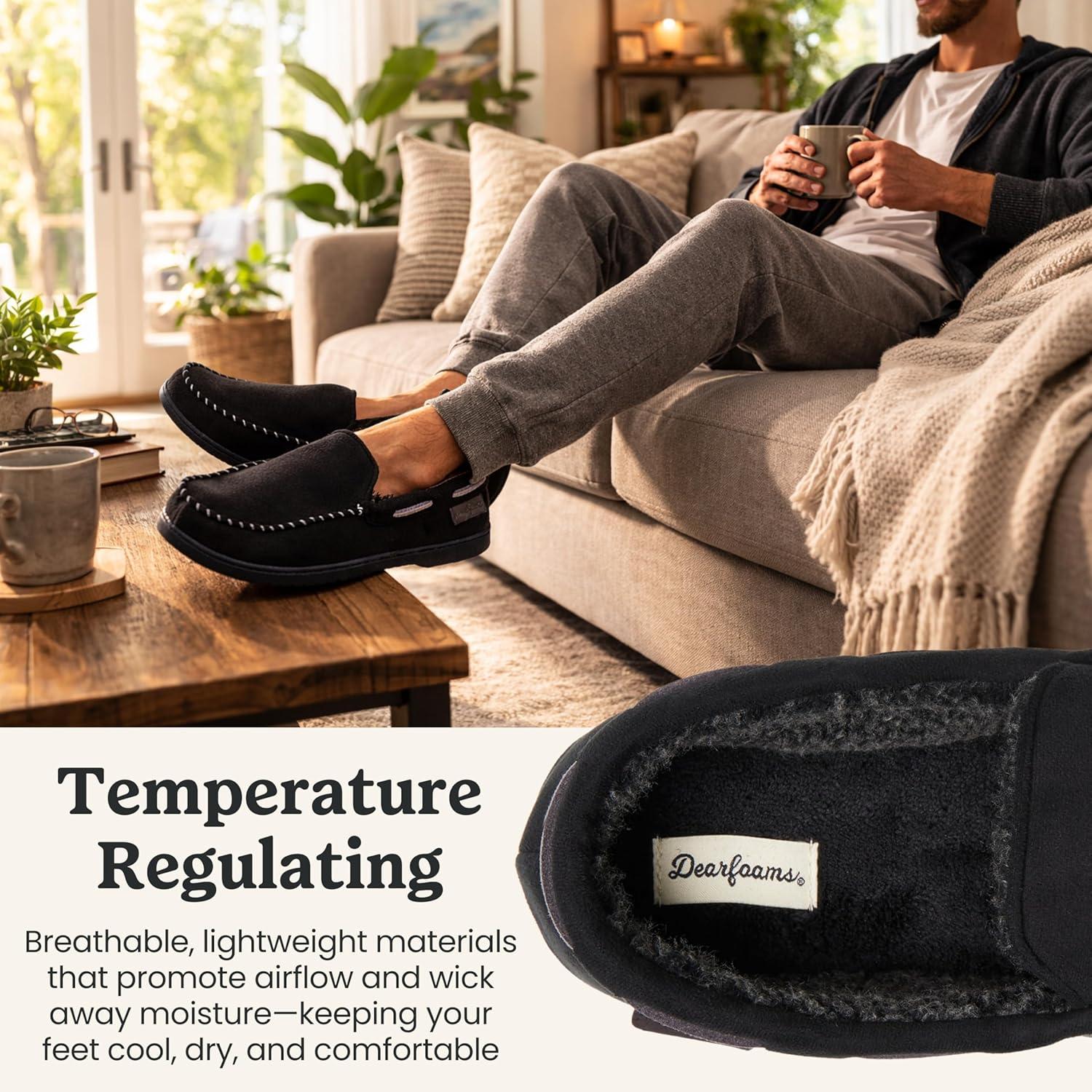 imageDearfoams Mens Keaton Memory Foam Indoor Outdoor Moccasin With Wide Widths SlipperBlack Microsuede