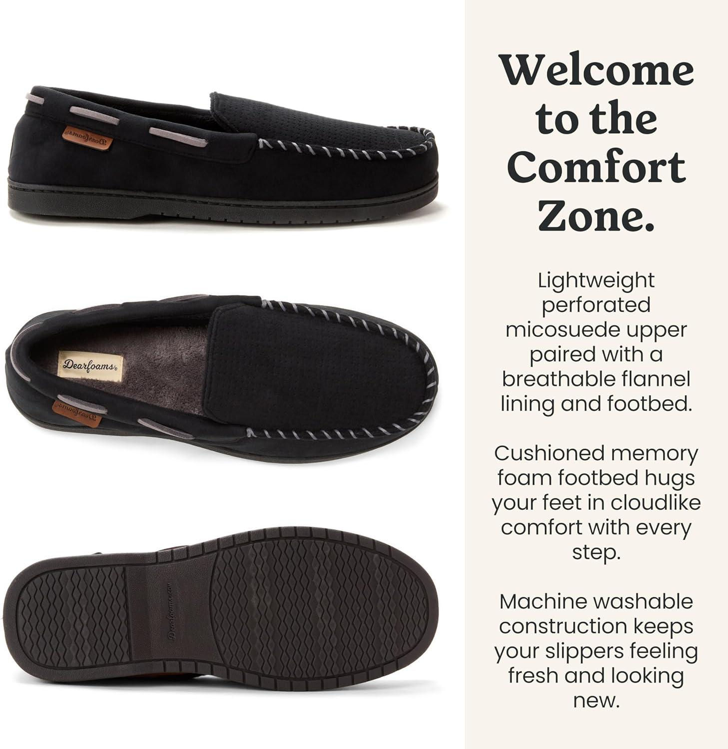 imageDearfoams Mens Keaton Memory Foam Indoor Outdoor Moccasin With Wide Widths SlipperBlack Perforated