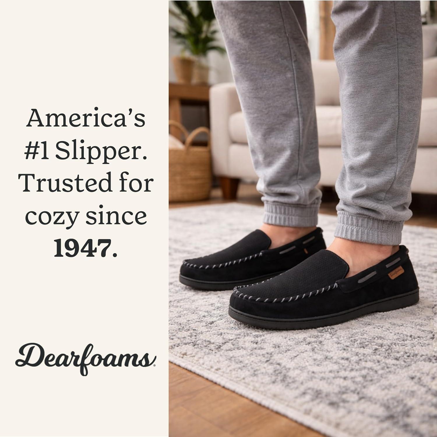 imageDearfoams Mens Keaton Memory Foam Indoor Outdoor Moccasin With Wide Widths SlipperBlack Perforated