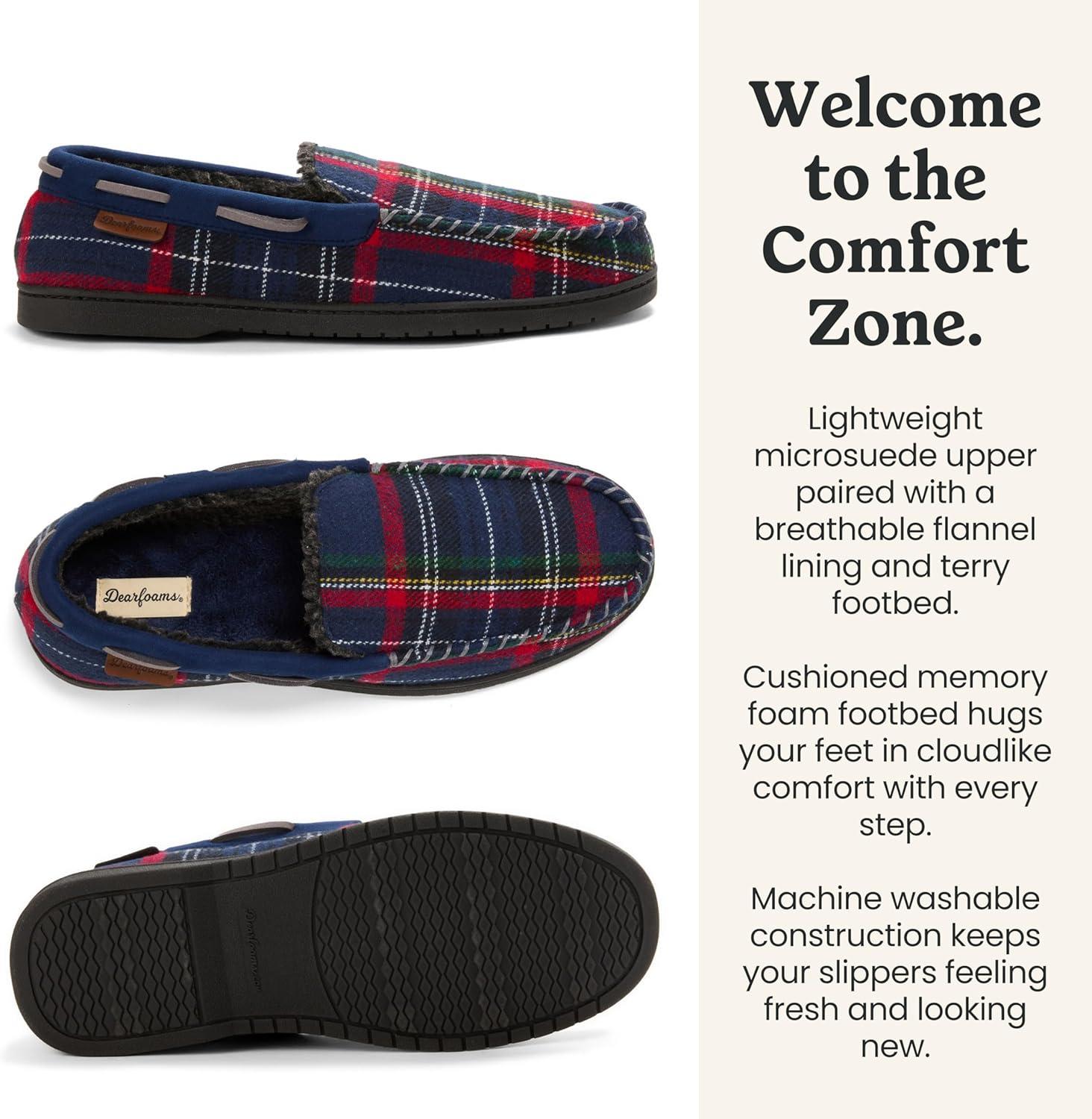 imageDearfoams Mens Keaton Memory Foam Indoor Outdoor Moccasin With Wide Widths SlipperBlue Plaid