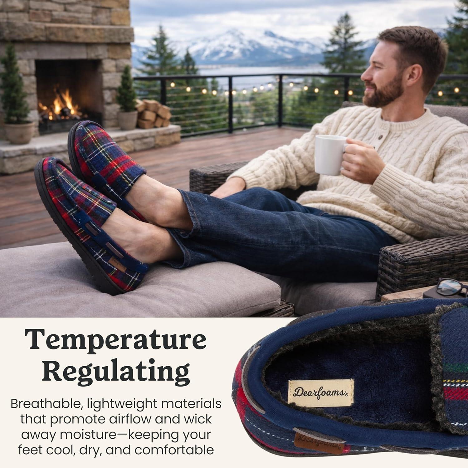 imageDearfoams Mens Keaton Memory Foam Indoor Outdoor Moccasin With Wide Widths SlipperBlue Plaid