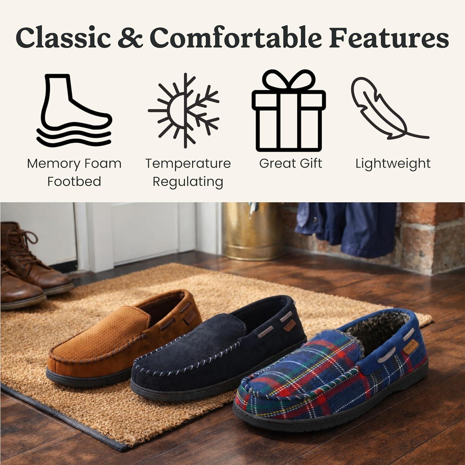 imageDearfoams Mens Keaton Memory Foam Indoor Outdoor Moccasin With Wide Widths SlipperBlue Plaid
