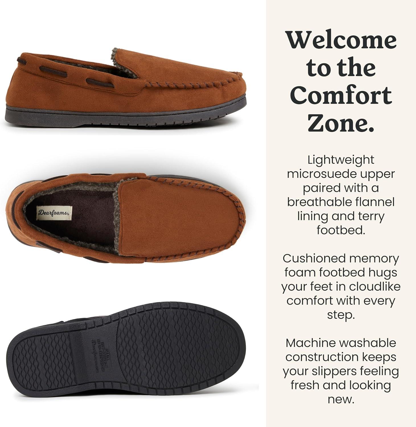 imageDearfoams Mens Keaton Memory Foam Indoor Outdoor Moccasin With Wide Widths SlipperChestnut Microsuede