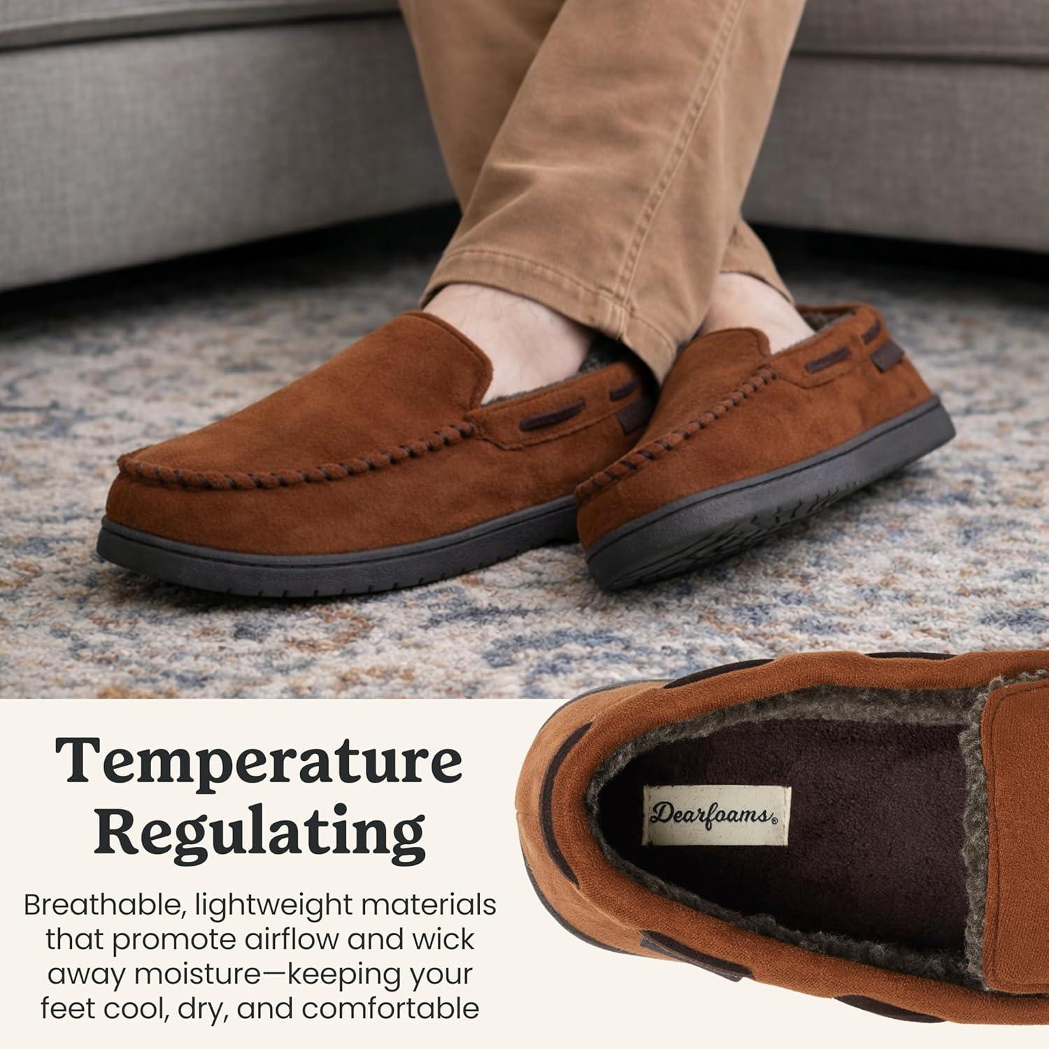 imageDearfoams Mens Keaton Memory Foam Indoor Outdoor Moccasin With Wide Widths SlipperChestnut Microsuede