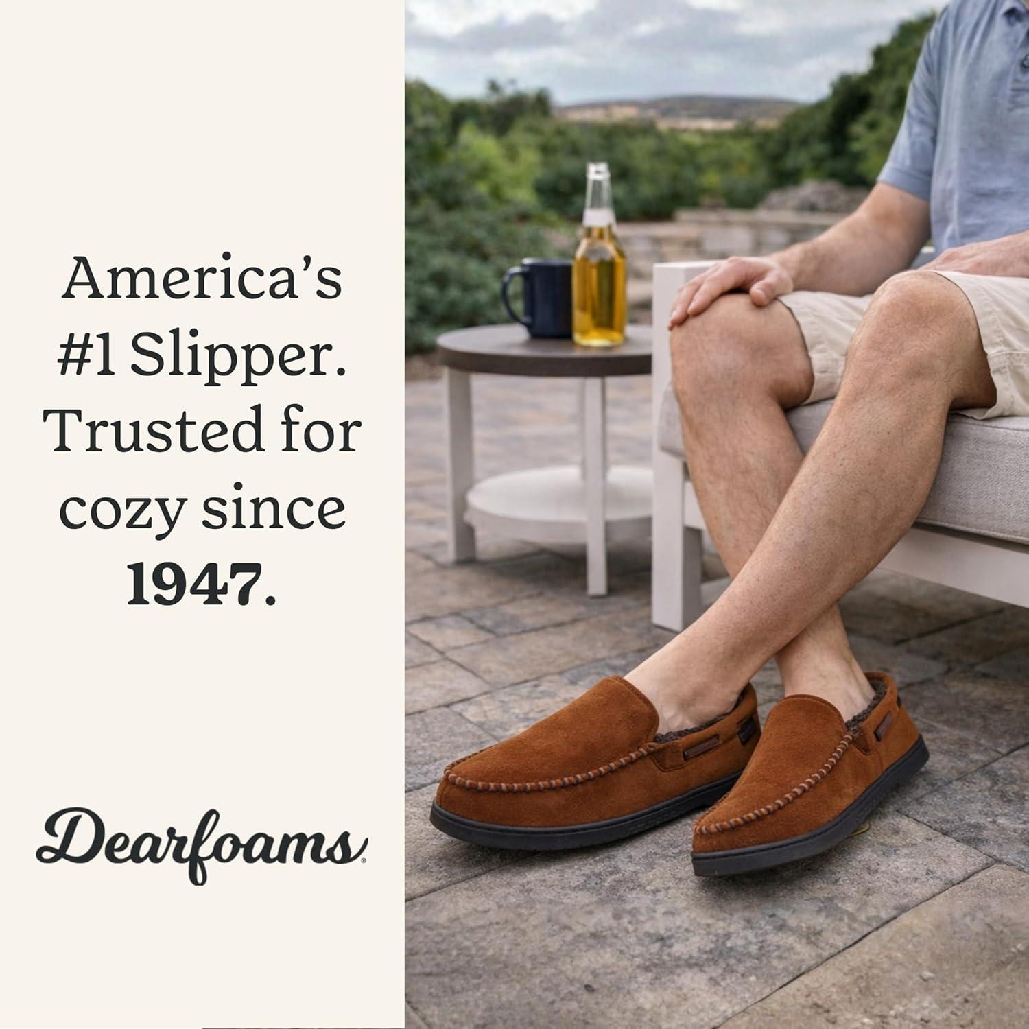 imageDearfoams Mens Keaton Memory Foam Indoor Outdoor Moccasin With Wide Widths SlipperChestnut Microsuede