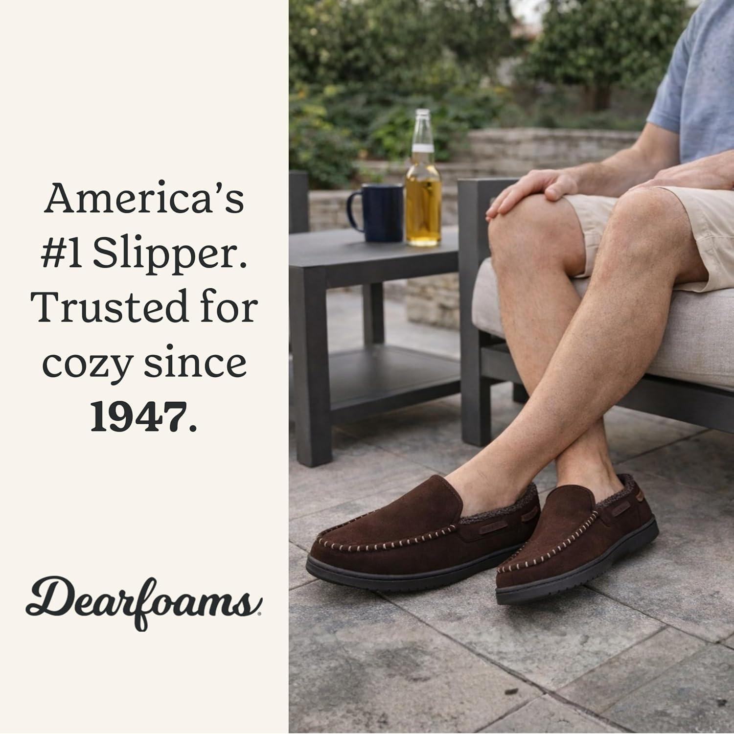 imageDearfoams Mens Keaton Memory Foam Indoor Outdoor Moccasin With Wide Widths SlipperCoffee Microsuede