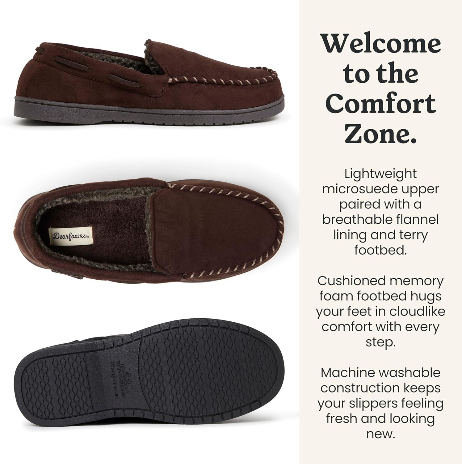 imageDearfoams Mens Keaton Memory Foam Indoor Outdoor Moccasin With Wide Widths SlipperCoffee Microsuede