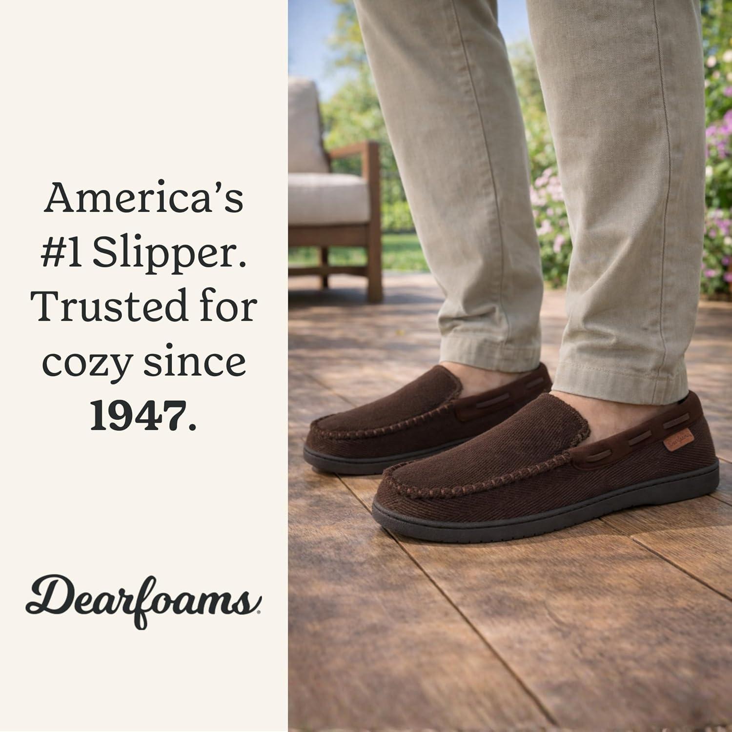 imageDearfoams Mens Keaton Memory Foam Indoor Outdoor Moccasin With Wide Widths SlipperCoffee Twill