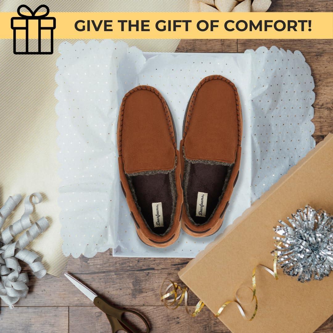 imageDearfoams Mens Keaton Memory Foam Indoor Outdoor Moccasin With Wide Widths SlipperCoffee Twill