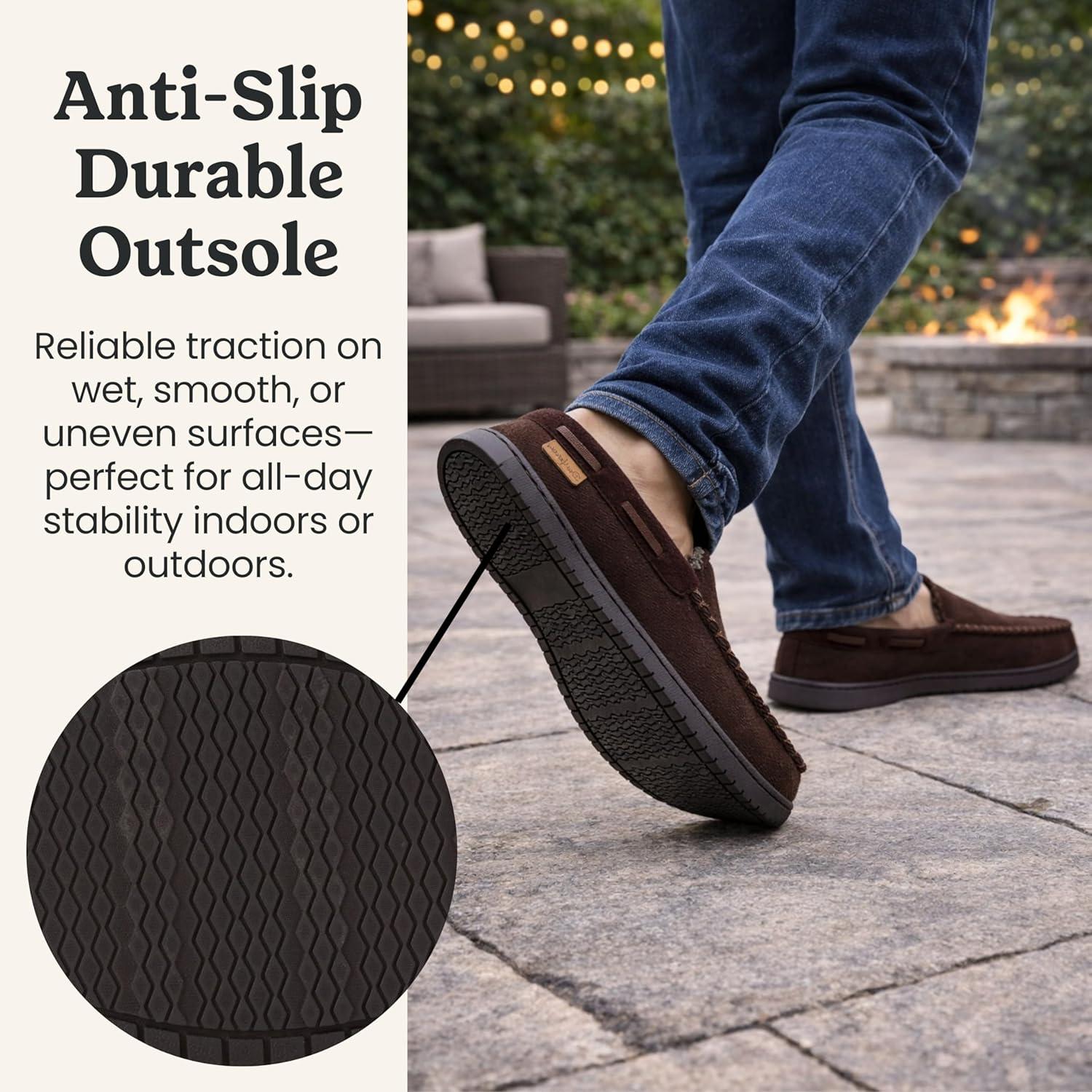 imageDearfoams Mens Keaton Memory Foam Indoor Outdoor Moccasin With Wide Widths SlipperCoffee Twill