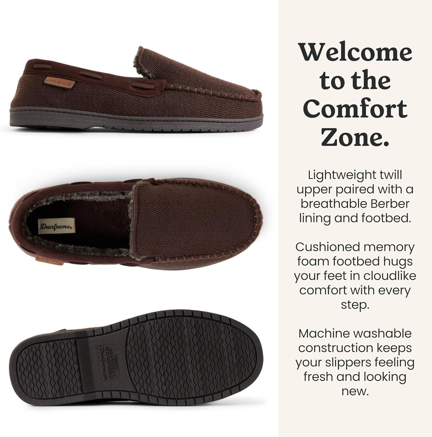 imageDearfoams Mens Keaton Memory Foam Indoor Outdoor Moccasin With Wide Widths SlipperCoffee Twill