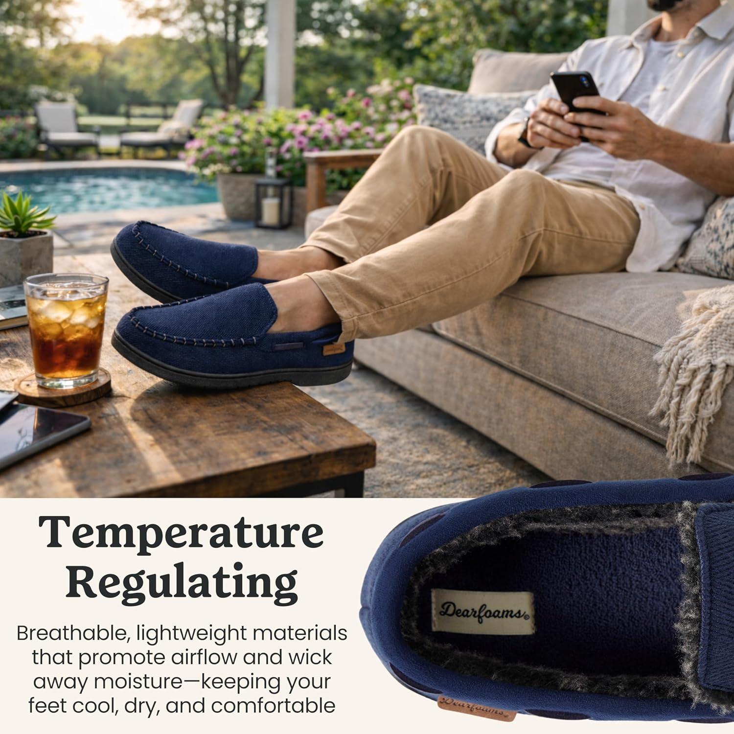 imageDearfoams Mens Keaton Memory Foam Indoor Outdoor Moccasin With Wide Widths SlipperNavy Twill