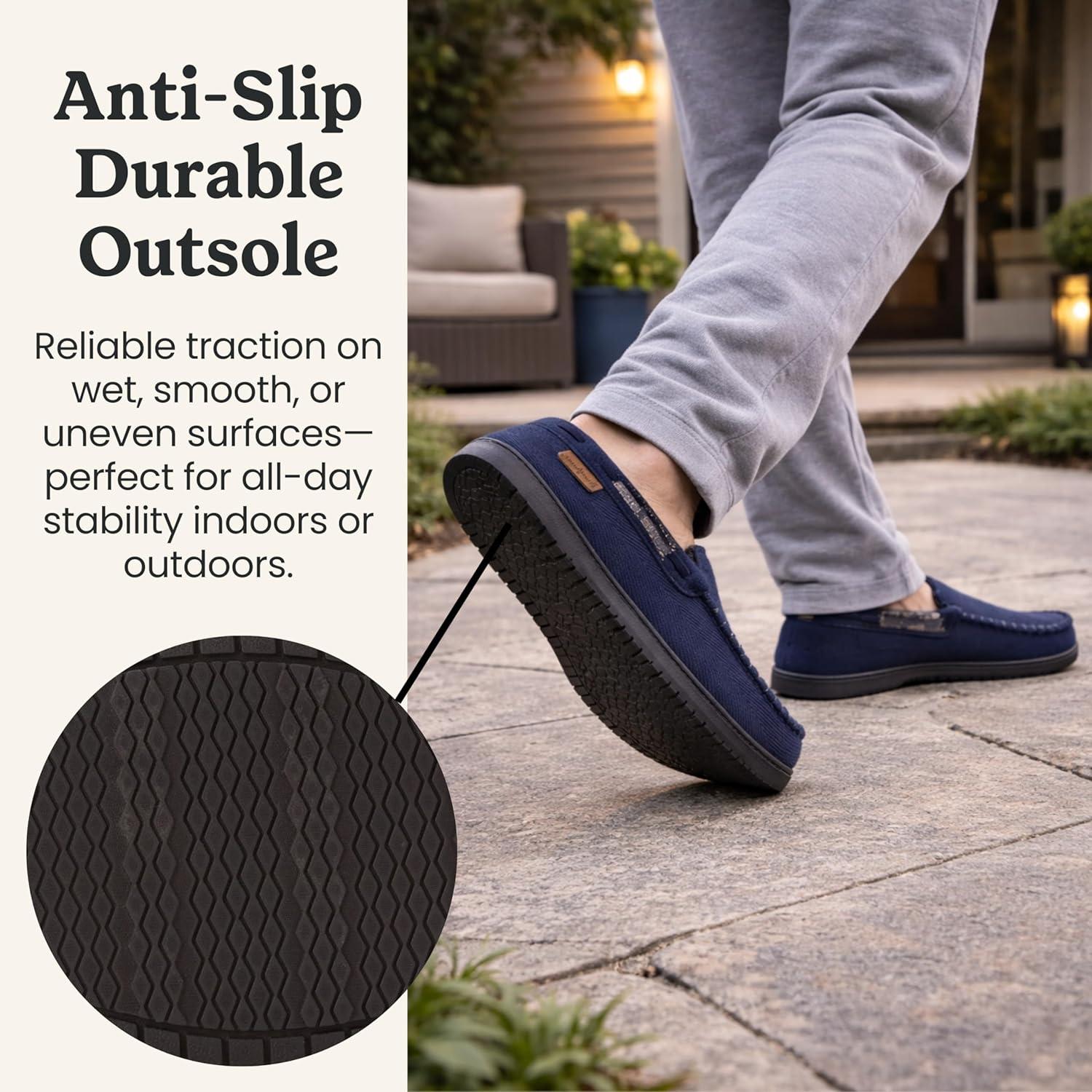 imageDearfoams Mens Keaton Memory Foam Indoor Outdoor Moccasin With Wide Widths SlipperNavy Twill