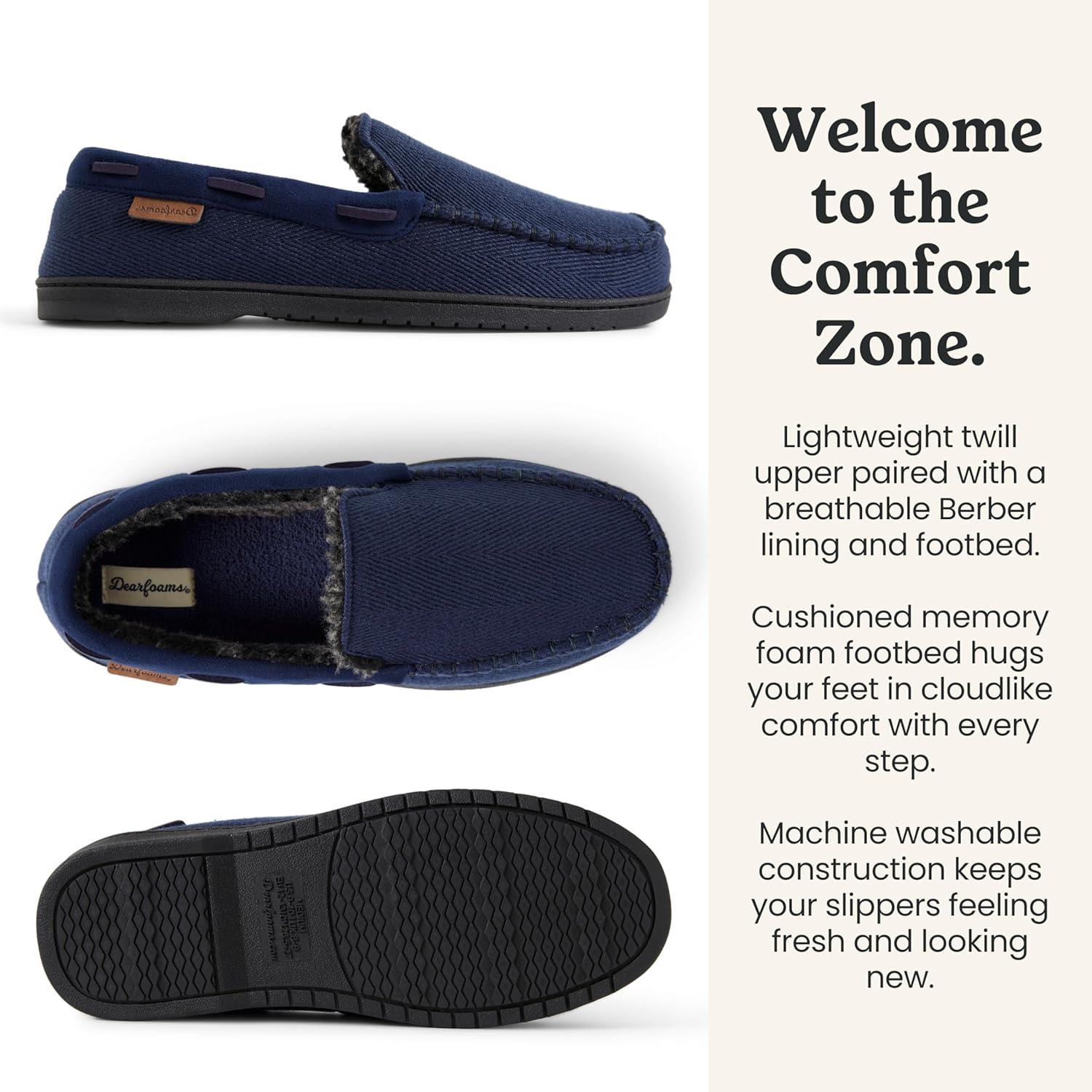 imageDearfoams Mens Keaton Memory Foam Indoor Outdoor Moccasin With Wide Widths SlipperNavy Twill