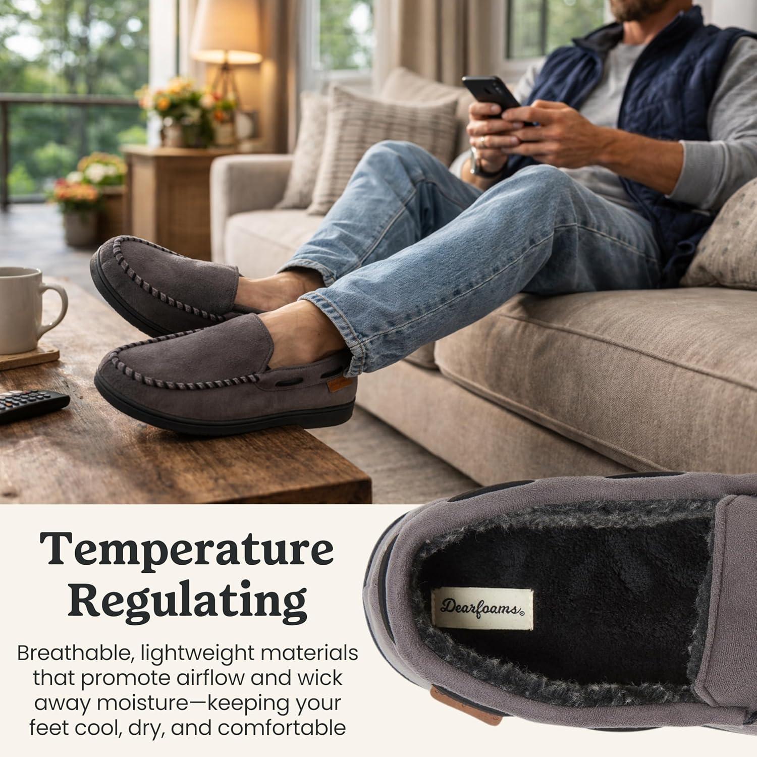 imageDearfoams Mens Keaton Memory Foam Indoor Outdoor Moccasin With Wide Widths SlipperPavement Microsuede