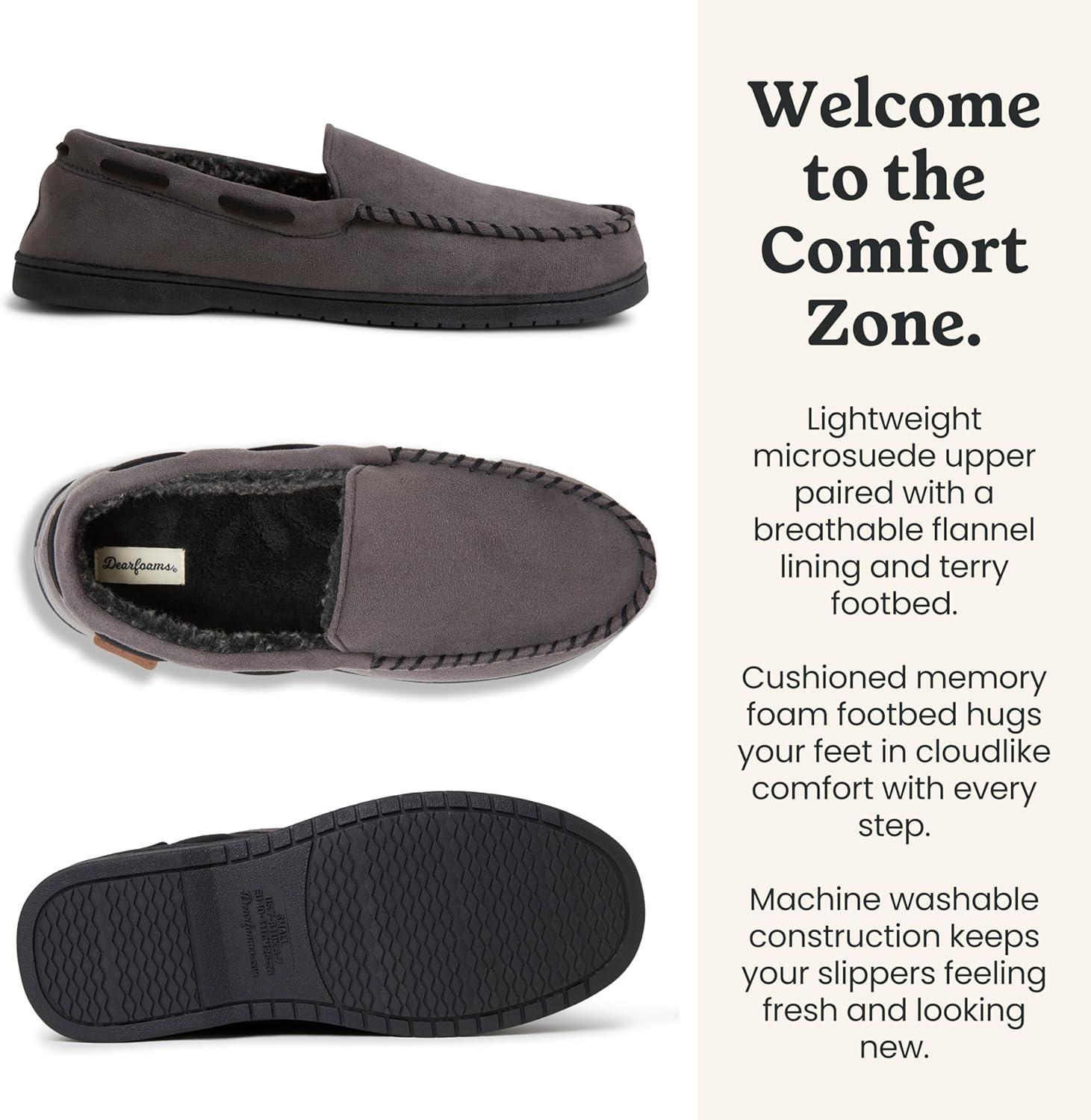 imageDearfoams Mens Keaton Memory Foam Indoor Outdoor Moccasin With Wide Widths SlipperPavement Microsuede