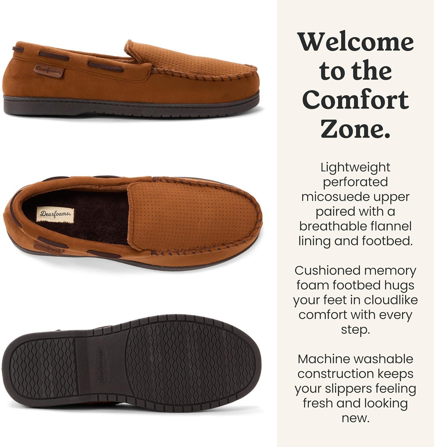 imageDearfoams Mens Keaton Memory Foam Indoor Outdoor Moccasin With Wide Widths SlipperTan Perforated