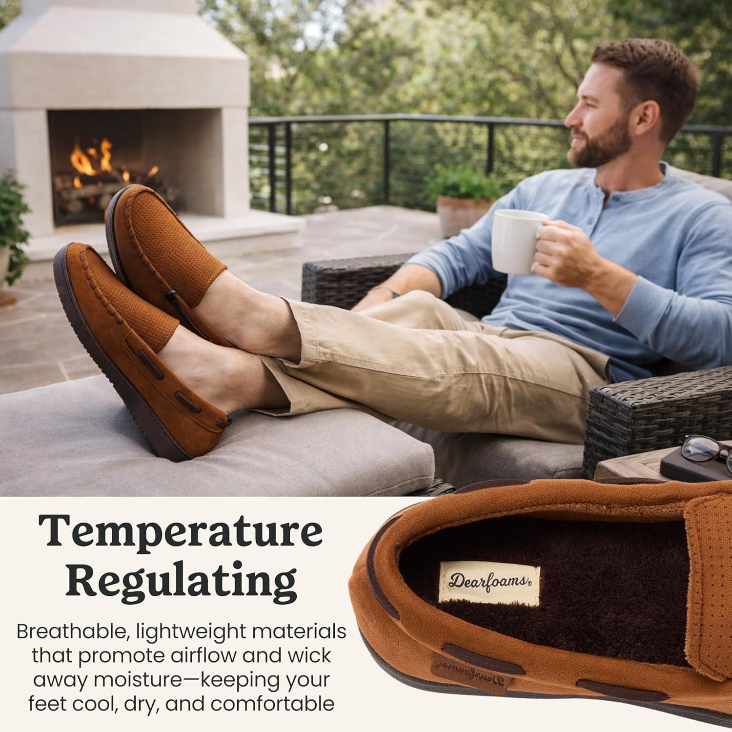 imageDearfoams Mens Keaton Memory Foam Indoor Outdoor Moccasin With Wide Widths SlipperTan Perforated