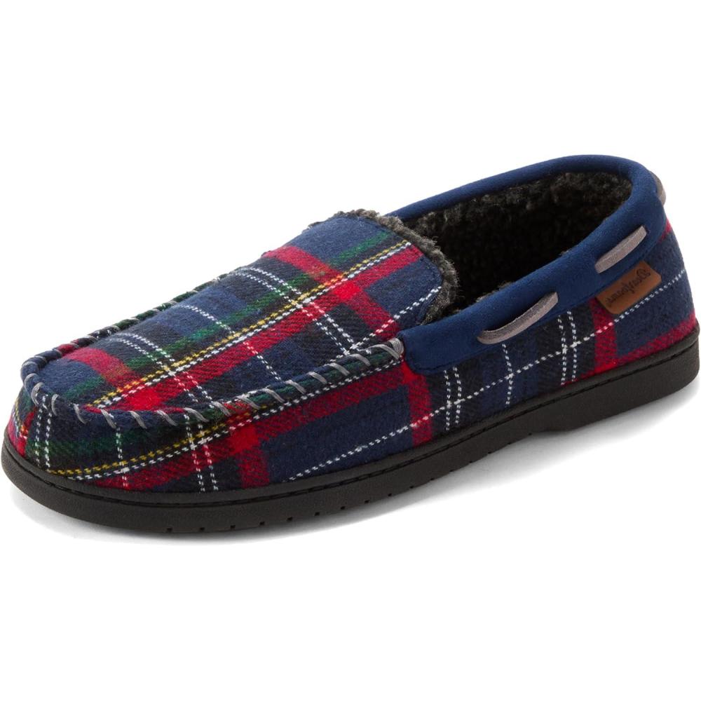 imageDearfoams Mens Keaton Memory Foam Indoor Outdoor Moccasin With Wide Widths SlipperBlue Plaid