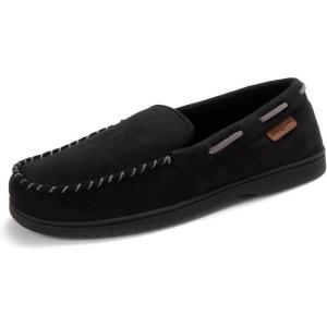 Dearfoams Men’s Keaton Memory Foam Indoor Outdoor Moccasin With Wide Widths Slipper(Black Perforated)