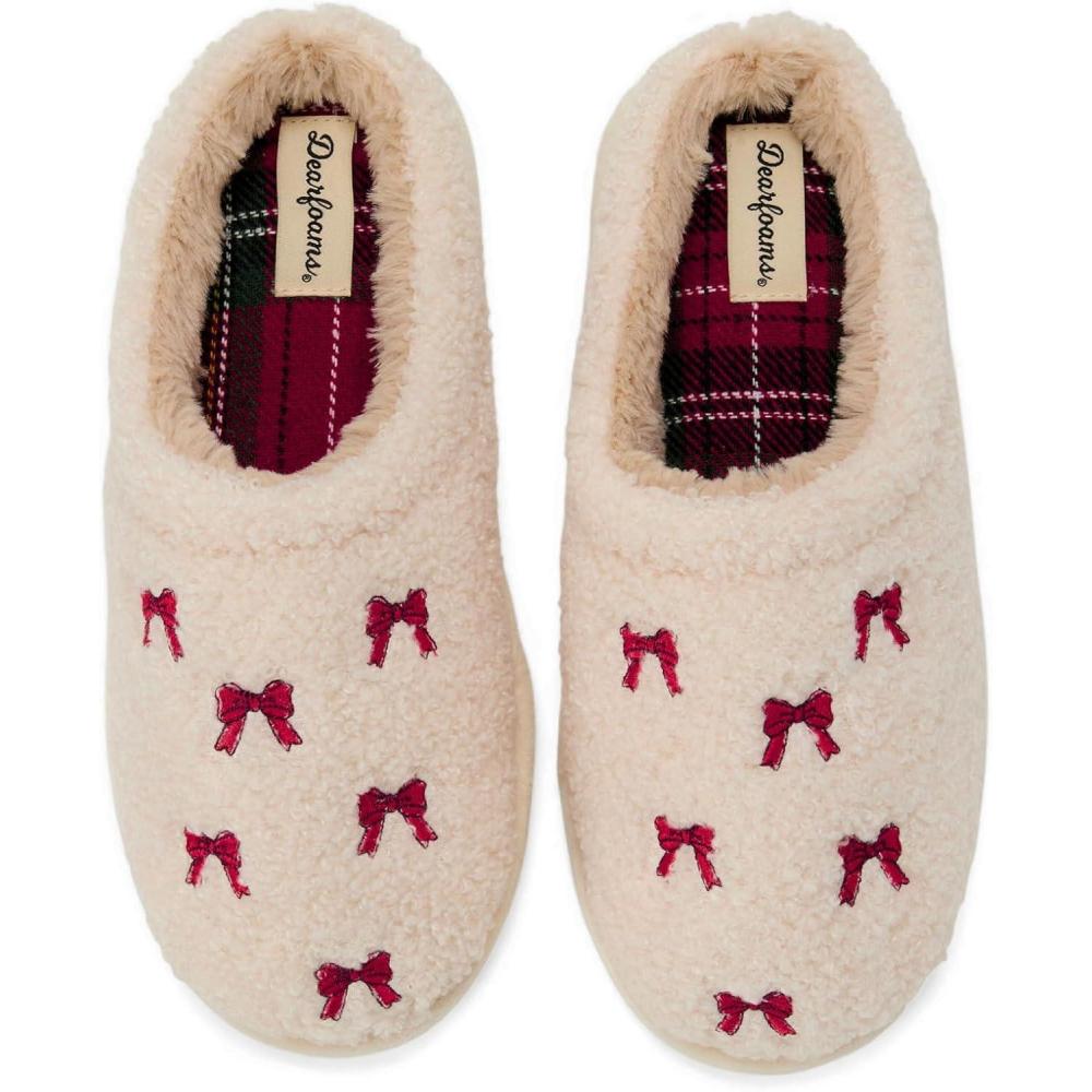 imageDearfoams Womens Holiday Christmas Gift Fuzzy Cozy Sherpa Novelty House Shoe SlipperHoliday Gift Bow
