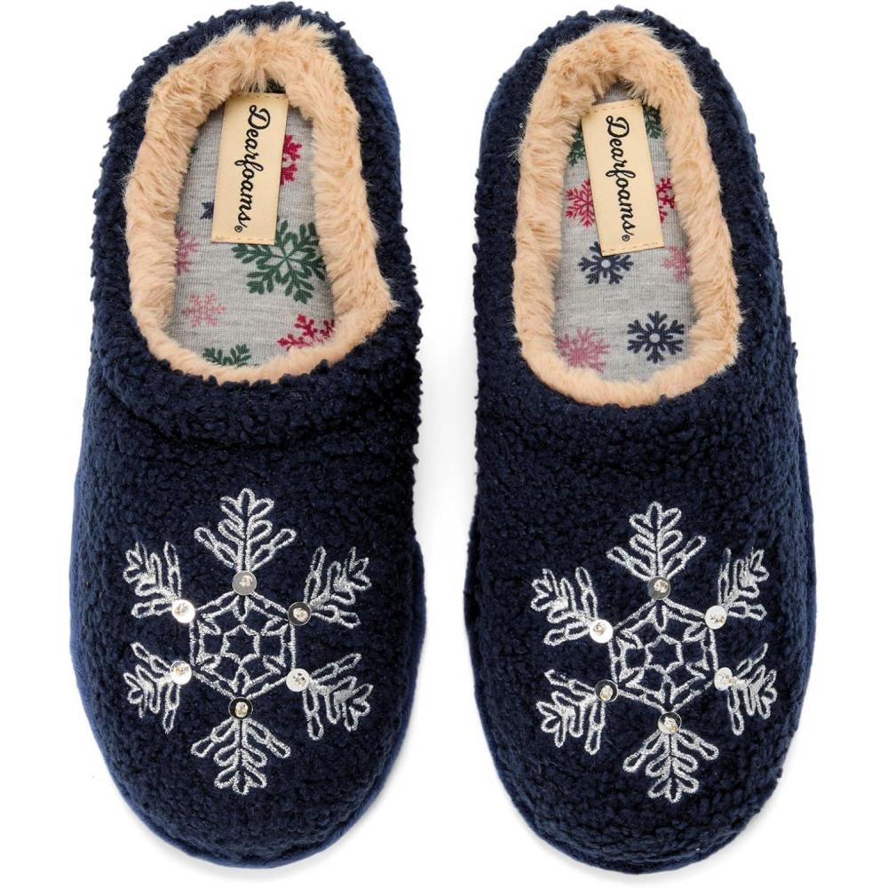 imageDearfoams Womens Holiday Christmas Gift Fuzzy Cozy Sherpa Novelty House Shoe SlipperSnowflake