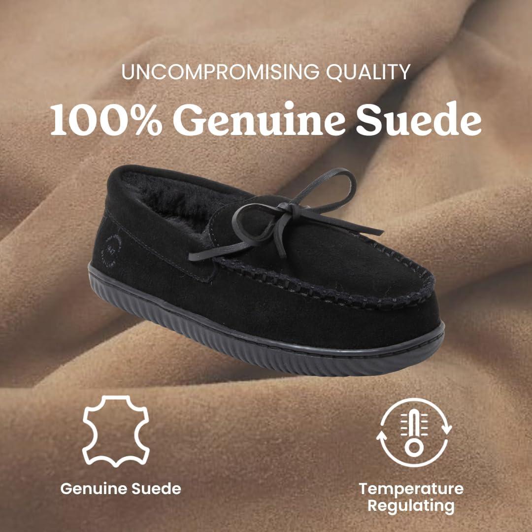imageDearfoams Womens Genuine Suede Indoor Outdoor Harriet Moccasin House Shoe Womens SlippersBlack