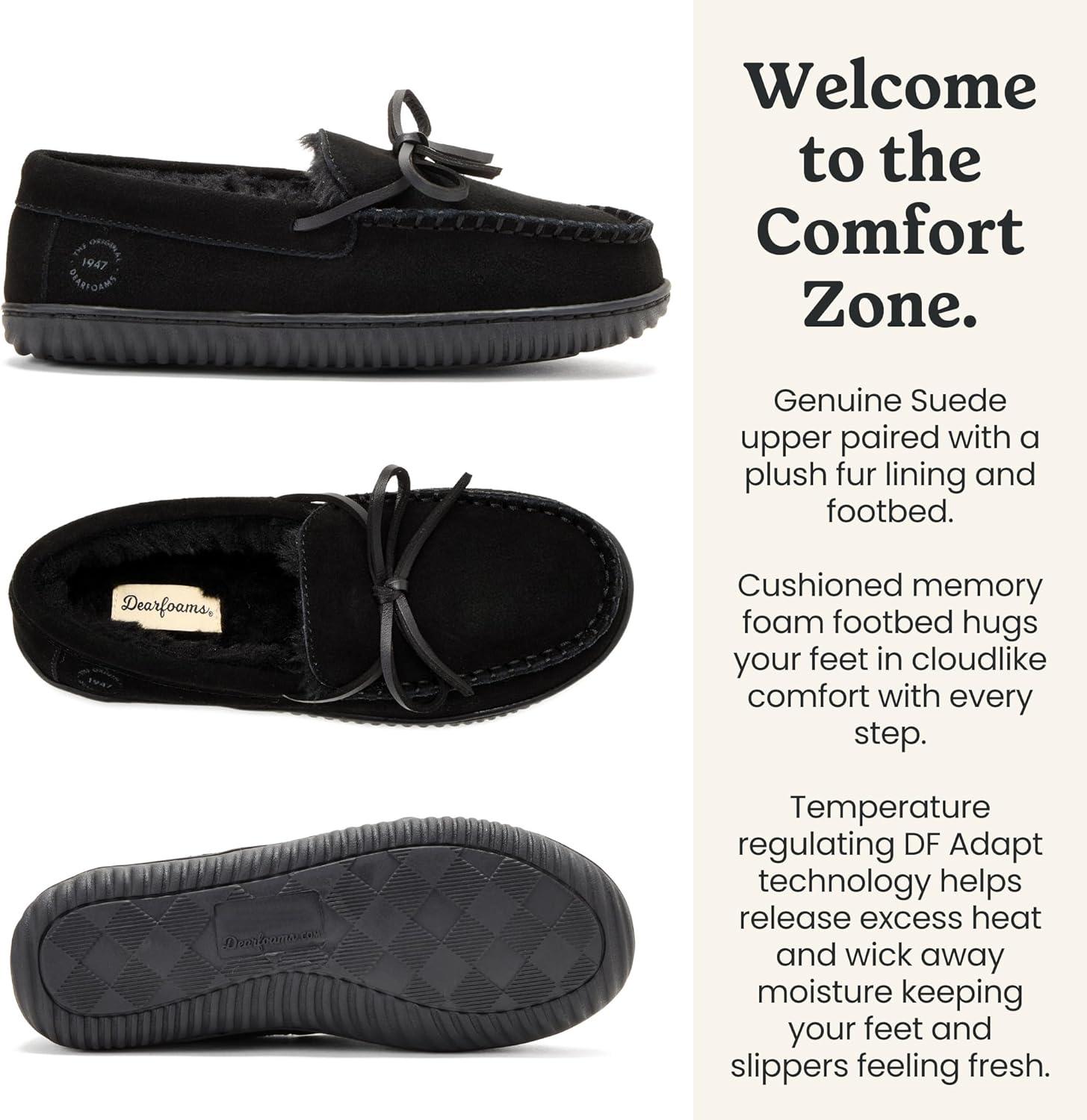 imageDearfoams Womens Genuine Suede Indoor Outdoor Harriet Moccasin House Shoe Womens SlippersBlack