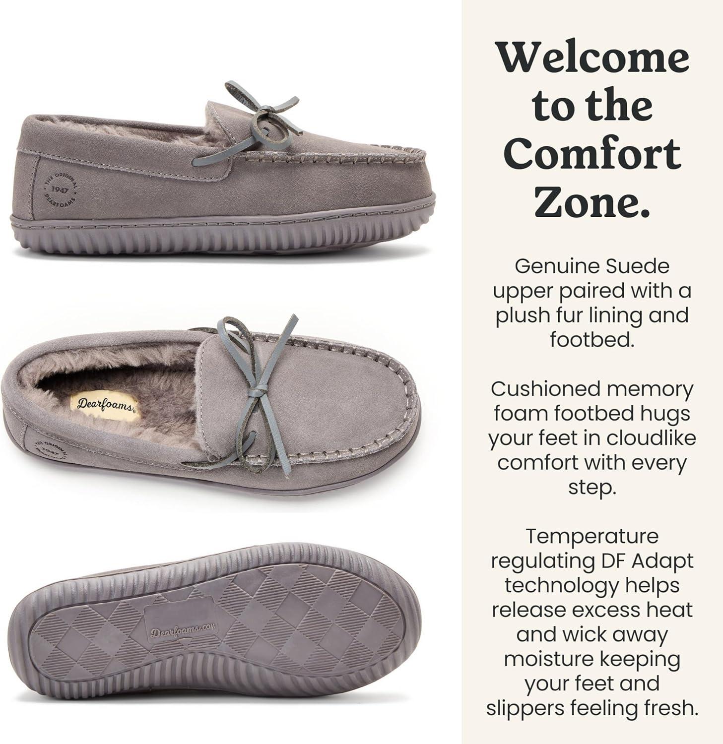 imageDearfoams Womens Genuine Suede Indoor Outdoor Harriet Moccasin House Shoe Womens SlippersGrey
