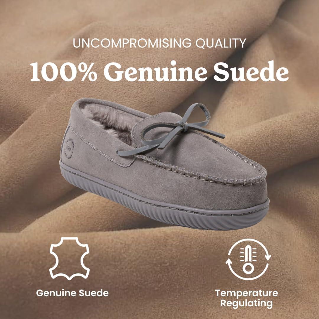 imageDearfoams Womens Genuine Suede Indoor Outdoor Harriet Moccasin House Shoe Womens SlippersGrey