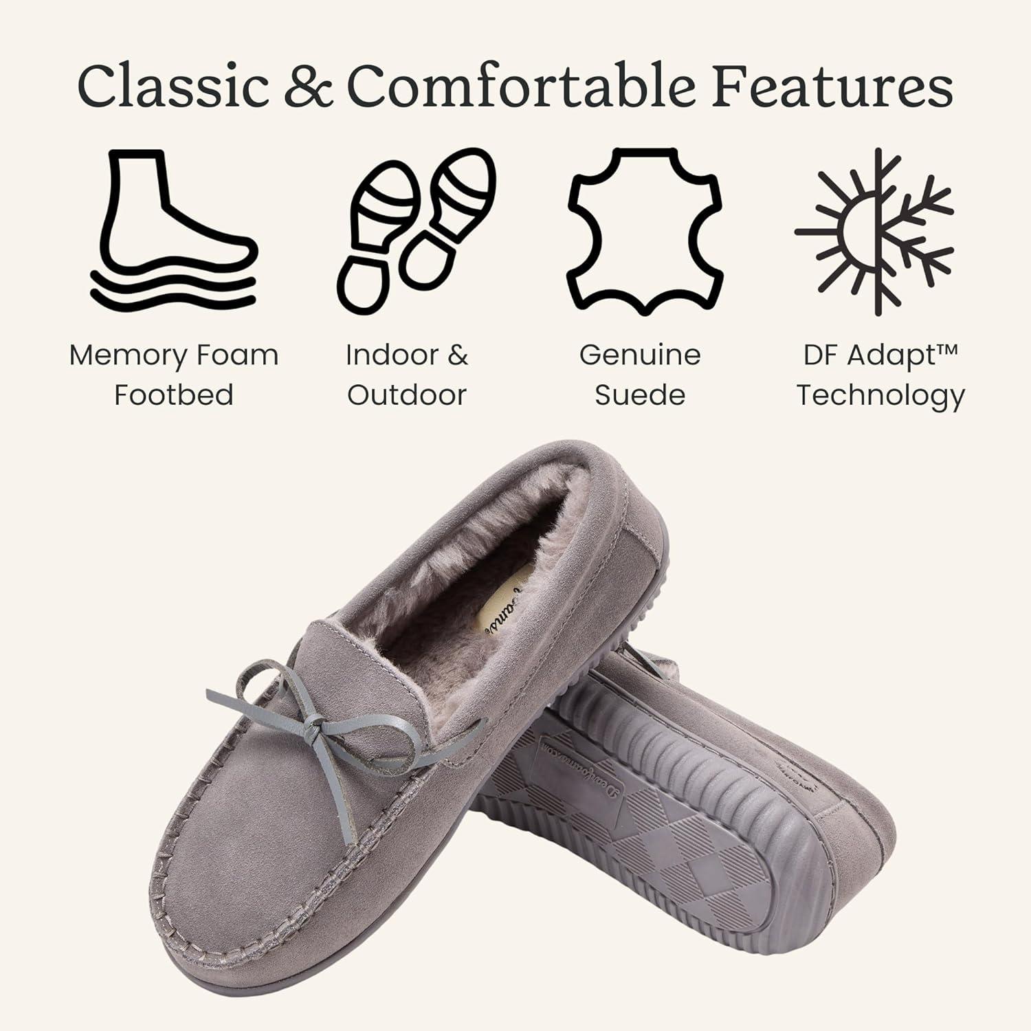 imageDearfoams Womens Genuine Suede Indoor Outdoor Harriet Moccasin House Shoe Womens SlippersGrey