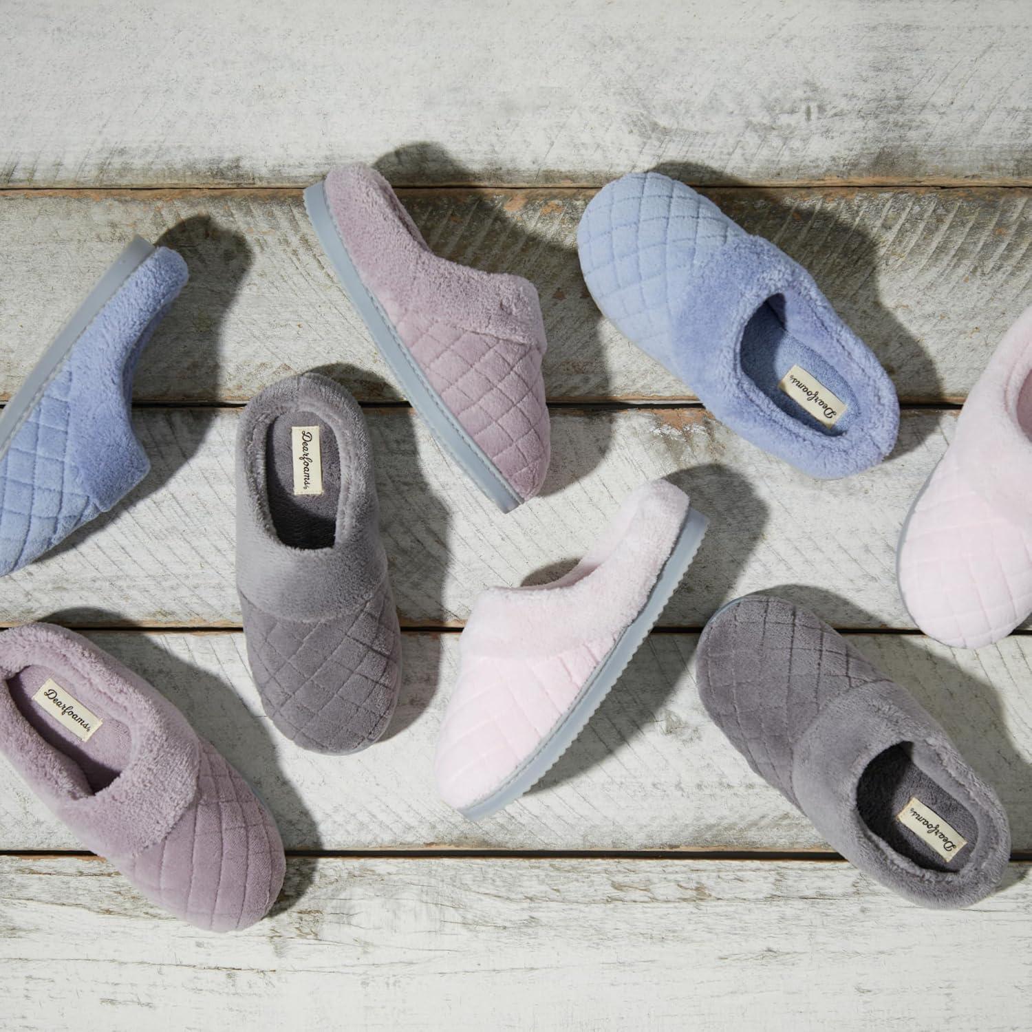 imageDearfoams Womens Memory Foam House Slippers Libby Terry Clog With Wide WidthsMedium Grey