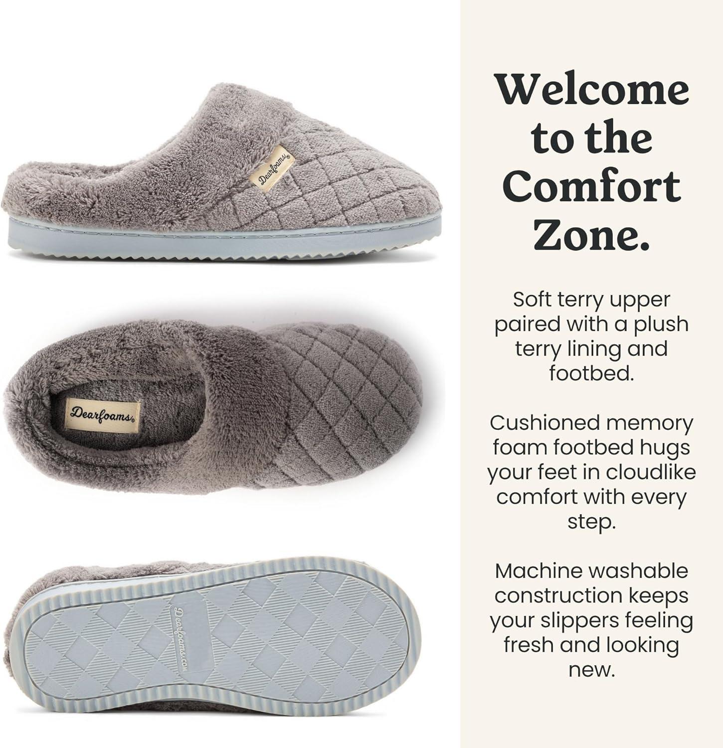 imageDearfoams Womens Memory Foam House Slippers Libby Terry Clog With Wide WidthsMedium Grey