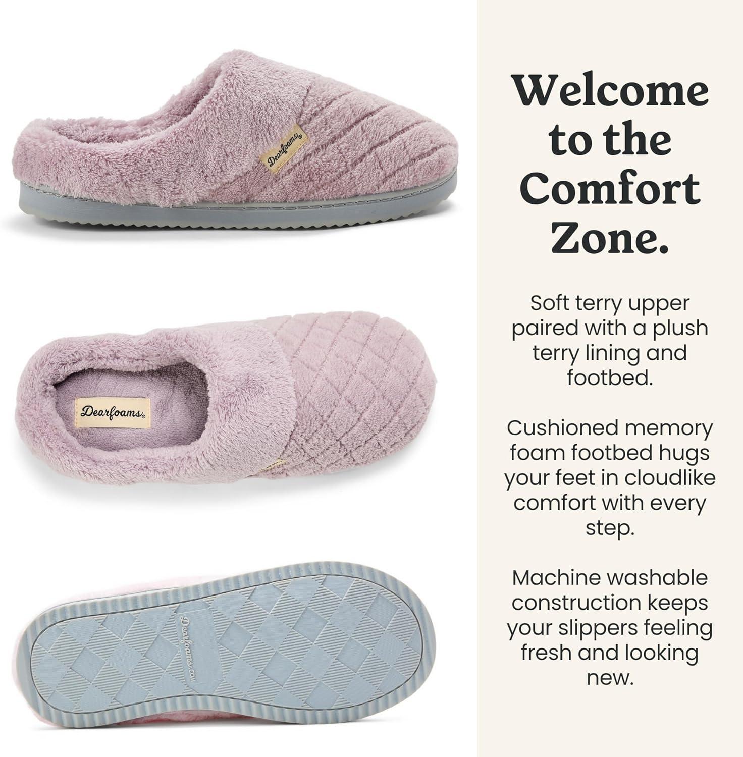 imageDearfoams Womens Memory Foam House Slippers Libby Terry Clog With Wide WidthsPurple