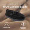 Dearfoams Women’s Genuine Suede Indoor Outdoor Harriet Moccasin House Shoe Women’s Slippers(Black)