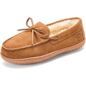 Dearfoams Women’s Genuine Suede Indoor Outdoor Harriet Moccasin House Shoe Women’s Slippers(Chestnut)