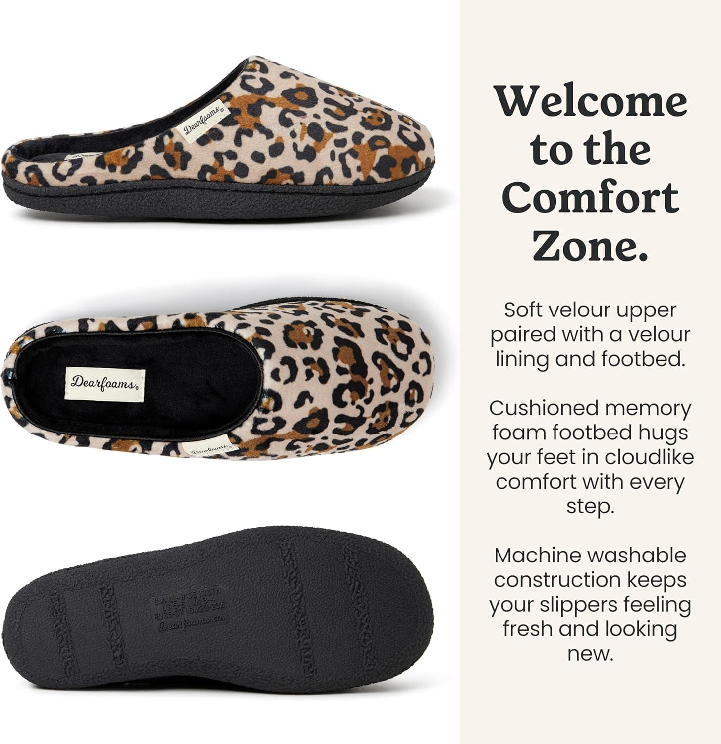 imageDearfoams womens Leslie Washable Memory Foam Terry Clog With Wide WidthsLeopard Velour