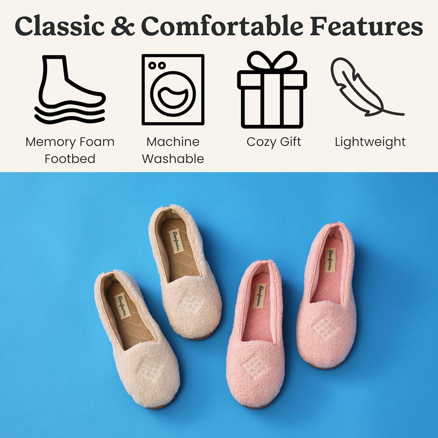 imageDearfoams Womens Rebecca Soft Memory Foam Lightweight House Shoes Cozy Loafer with Warm Lining and Wide Widths SlipperLatte Sherpa