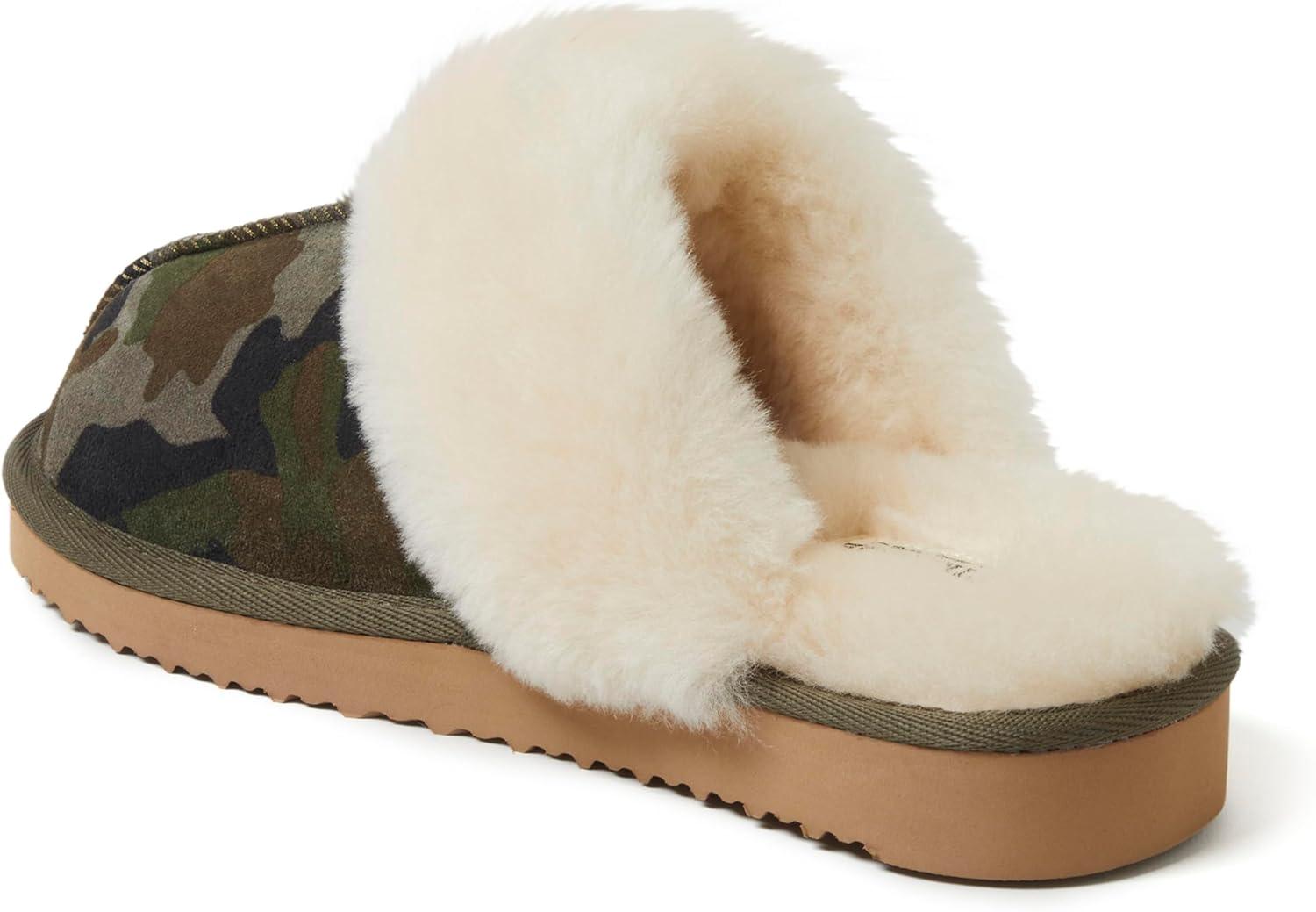imageDearfoams Womens Sydney Fireside Slippers Shearling Memory Foam IndoorOutdoor Slipper with Platforms and Wide WidthsCamo