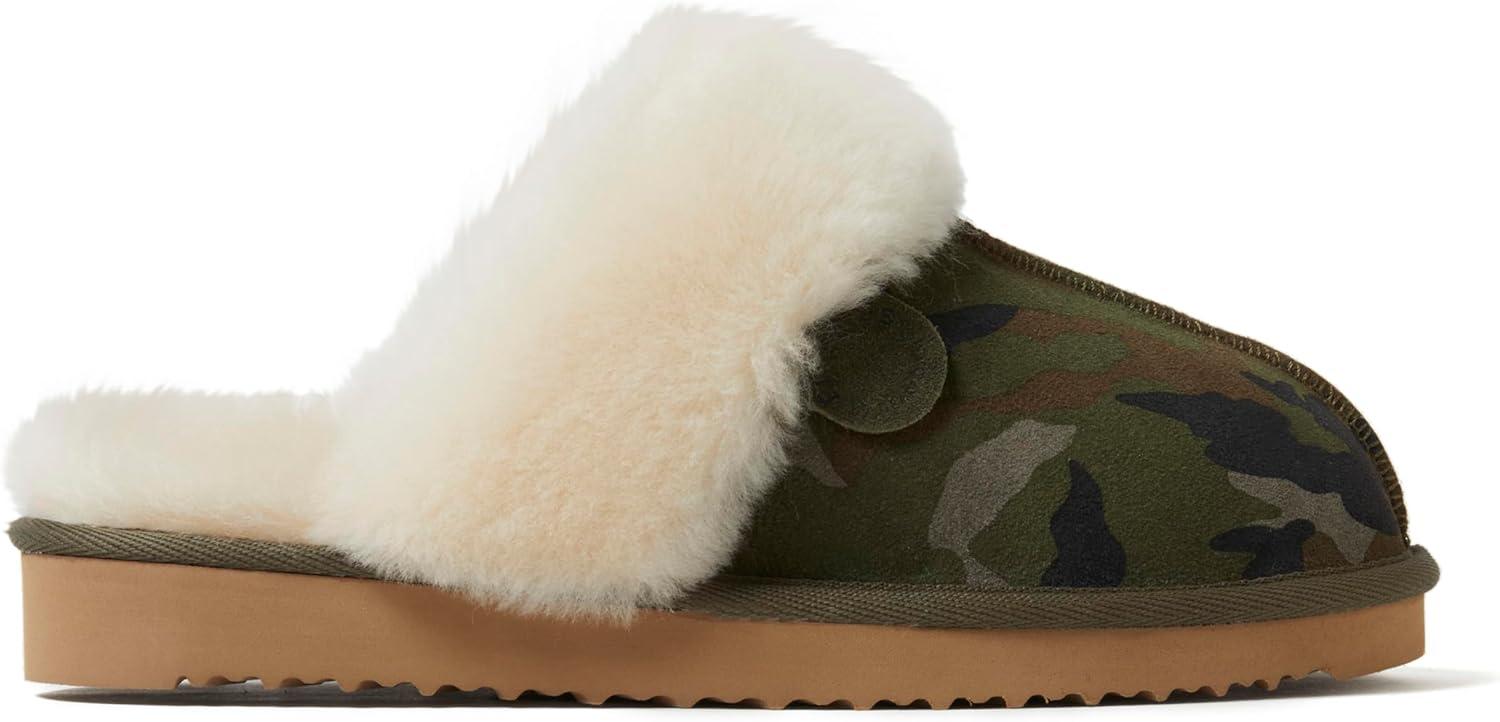 imageDearfoams Womens Sydney Fireside Slippers Shearling Memory Foam IndoorOutdoor Slipper with Platforms and Wide WidthsCamo