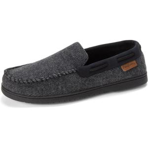 Dearfoams Men’s Keaton Memory Foam Indoor Outdoor Moccasin With Wide Widths Slipper(Black Heather)