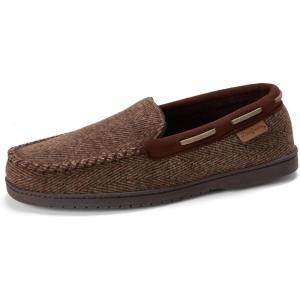 Dearfoams Men’s Keaton Memory Foam Indoor Outdoor Moccasin With Wide Widths Slipper(Brown Heather)