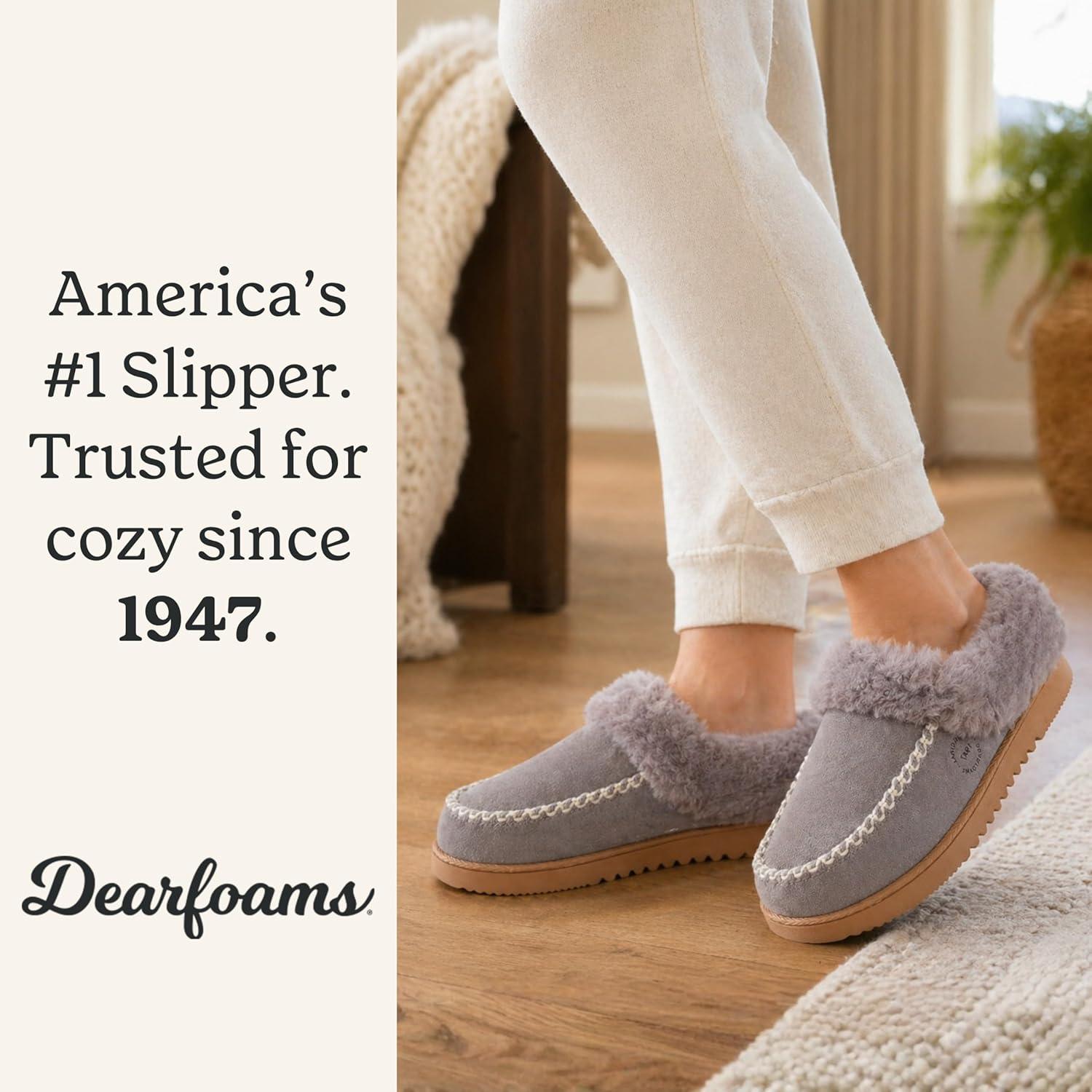 imageDearfoams Womens House Slipper Memory Foam Fuzzy Suede Clog Blaine Furry Cuff Indoor ShoesMedium Grey