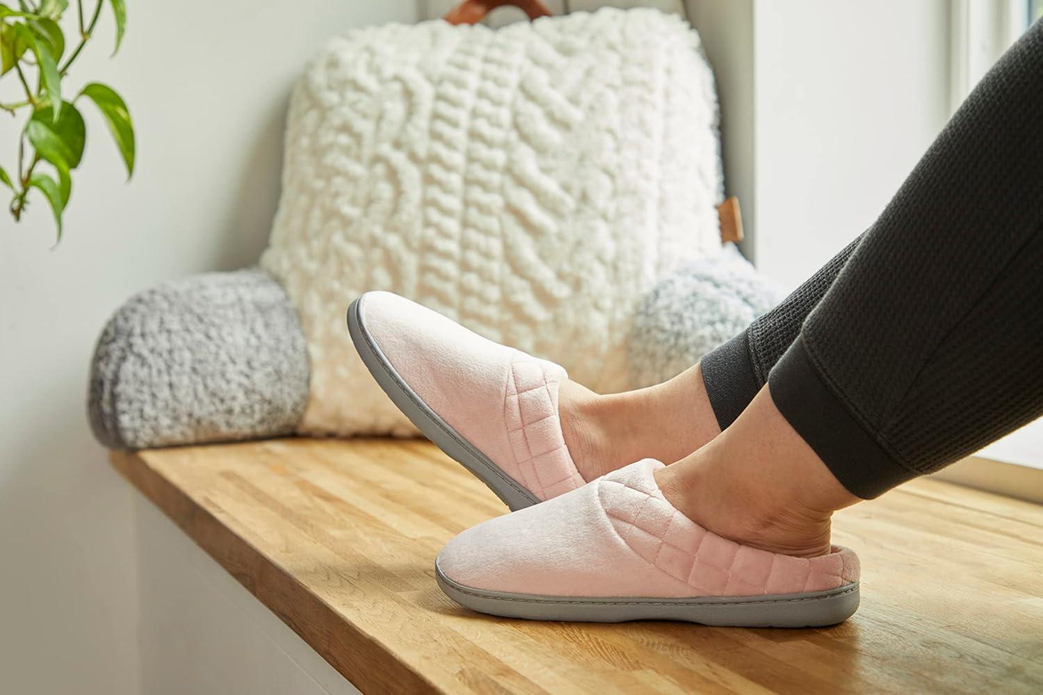 imageDearfoams Womens Lightweight Memory Foam Indoor House Slipper Darcy Velour Clog with Wide WidthsDusty Pink