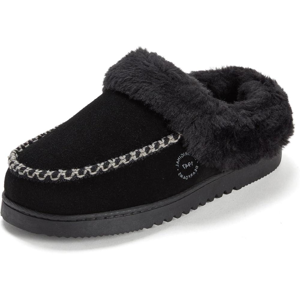 imageDearfoams Womens House Slipper Memory Foam Fuzzy Suede Clog Blaine Furry Cuff Indoor ShoesBlack