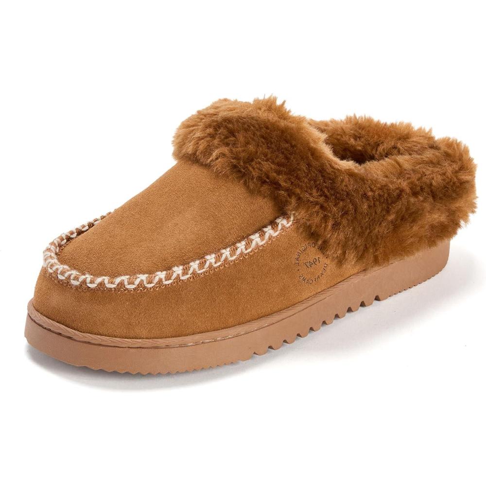 imageDearfoams Womens House Slipper Memory Foam Fuzzy Suede Clog  Blaine Furry Cuff Indoor ShoesChestnut