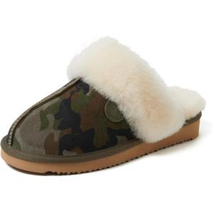 Dearfoams Women’s Fireside Sydney Shearling Fur Indoor/Outdoor Scuff Slipper(Camo)