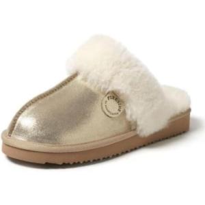 Dearfoams Women’s Fireside Sydney Shearling Fur Indoor/Outdoor Scuff Slipper(Gold)