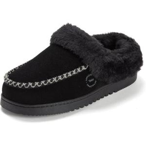 Dearfoams Women’s House Slipper Memory Foam Fuzzy Suede Clog – Blaine Furry Cuff Indoor Shoes(Black)